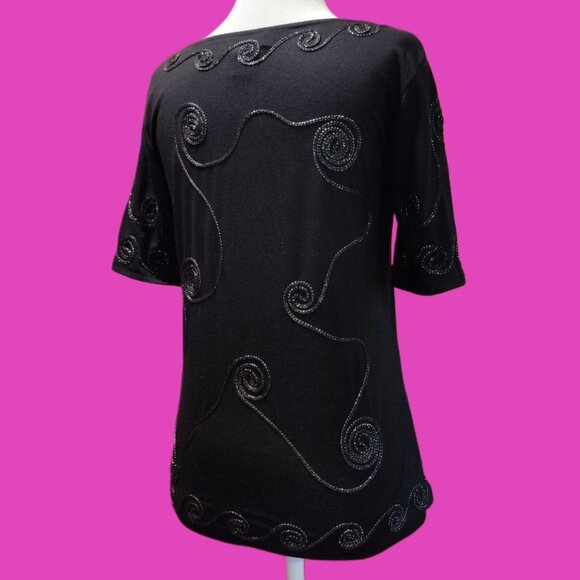 OBJECTS D'ART Black Short Sleeve Glittery Thread Accent Blouse Top Size Small - Picture 4 of 7